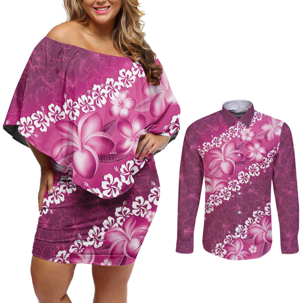 Vintage Pink Polynesia Couples Matching Off Shoulder Short Dress and Long Sleeve Button Shirt Plumeria With Hibiscus Tropical Vibes