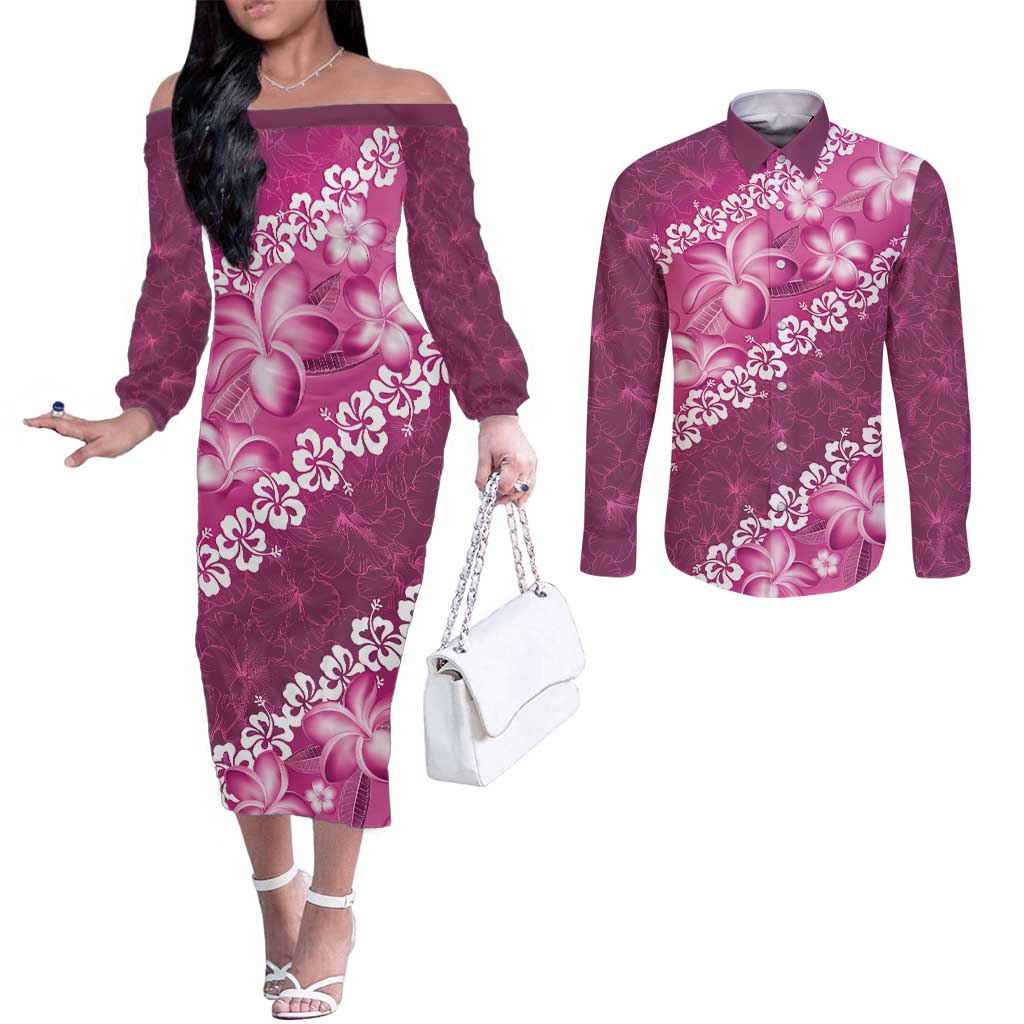Vintage Pink Polynesia Couples Matching Off The Shoulder Long Sleeve Dress and Long Sleeve Button Shirt Plumeria With Hibiscus Tropical Vibes