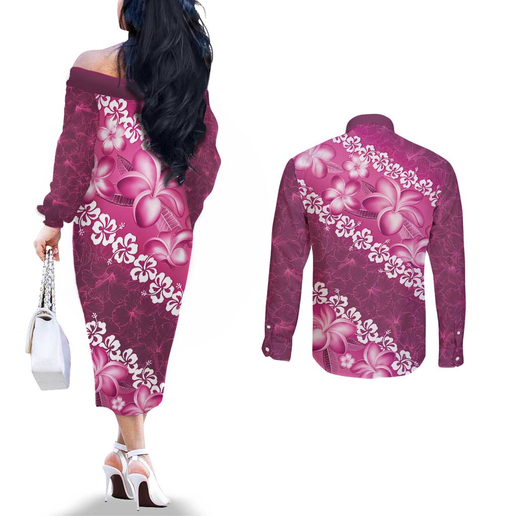 Vintage Pink Polynesia Couples Matching Off The Shoulder Long Sleeve Dress and Long Sleeve Button Shirt Plumeria With Hibiscus Tropical Vibes