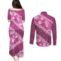 Vintage Pink Polynesia Couples Matching Puletasi and Long Sleeve Button Shirt Plumeria With Hibiscus Tropical Vibes