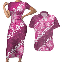 Vintage Pink Polynesia Couples Matching Short Sleeve Bodycon Dress and Hawaiian Shirt Plumeria With Hibiscus Tropical Vibes LT14 Pink - Polynesian Pride
