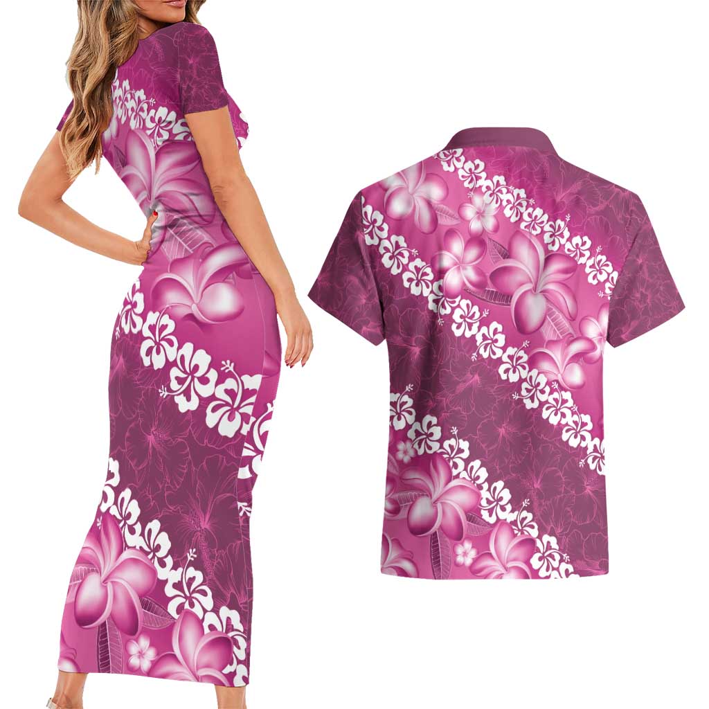 Vintage Pink Polynesia Couples Matching Short Sleeve Bodycon Dress and Hawaiian Shirt Plumeria With Hibiscus Tropical Vibes LT14 - Polynesian Pride