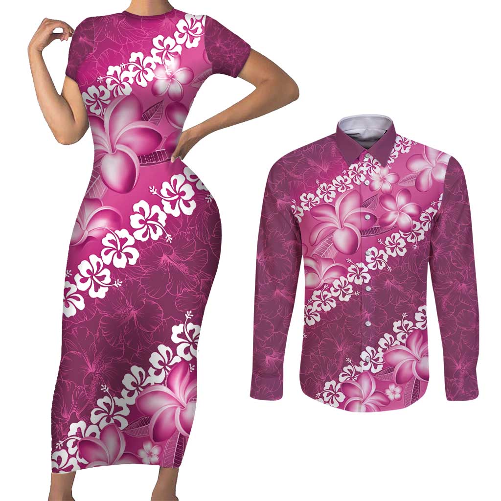 Vintage Pink Polynesia Couples Matching Short Sleeve Bodycon Dress and Long Sleeve Button Shirt Plumeria With Hibiscus Tropical Vibes