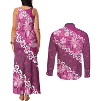 Vintage Pink Polynesia Couples Matching Tank Maxi Dress and Long Sleeve Button Shirt Plumeria With Hibiscus Tropical Vibes