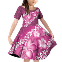 Vintage Pink Polynesia Family Matching Off Shoulder Short Dress and Hawaiian Shirt Plumeria With Hibiscus Tropical Vibes LT14 Daughter's Dress Pink - Polynesian Pride