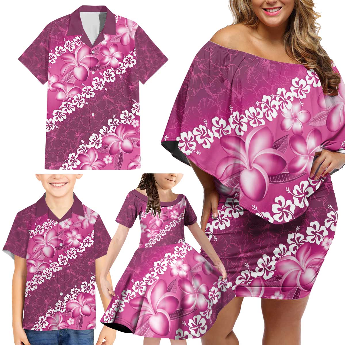 Vintage Pink Polynesia Family Matching Off Shoulder Short Dress and Hawaiian Shirt Plumeria With Hibiscus Tropical Vibes LT14 - Polynesian Pride