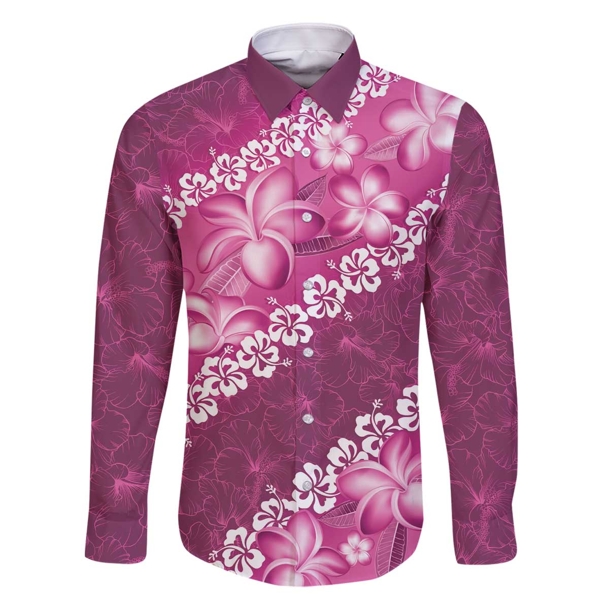 Vintage Pink Polynesia Family Matching Off Shoulder Short Dress and Hawaiian Shirt Plumeria With Hibiscus Tropical Vibes LT14 Dad's Shirt - Long Sleeve Pink - Polynesian Pride