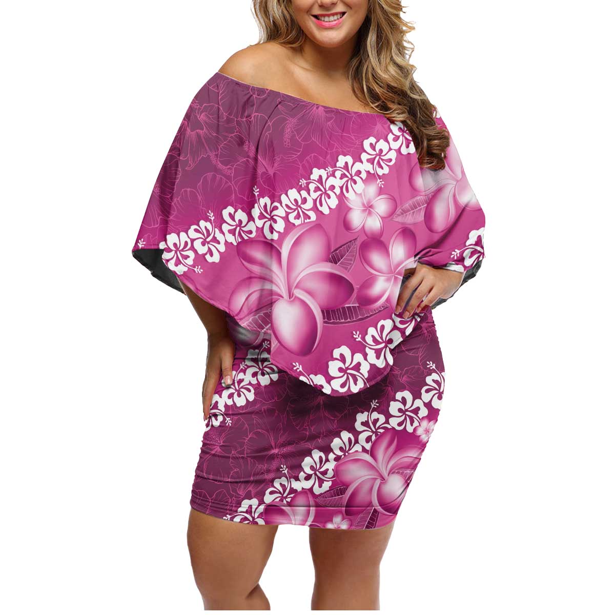Vintage Pink Polynesia Family Matching Off Shoulder Short Dress and Hawaiian Shirt Plumeria With Hibiscus Tropical Vibes LT14 Mom's Dress Pink - Polynesian Pride