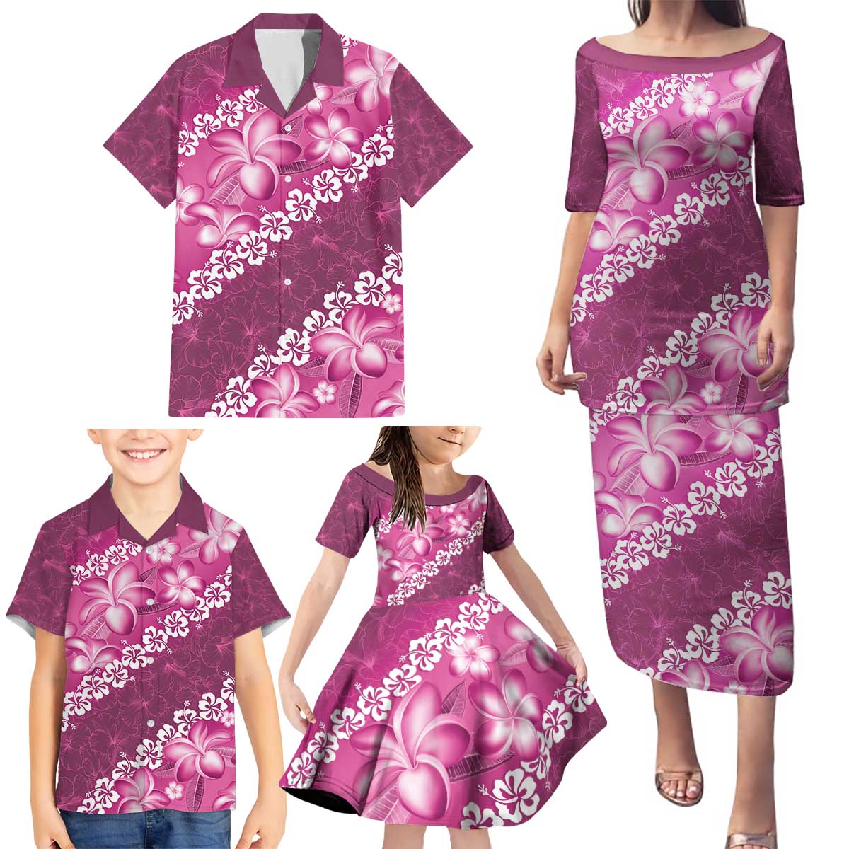 Vintage Pink Polynesia Family Matching Puletasi and Hawaiian Shirt Plumeria With Hibiscus Tropical Vibes LT14 - Polynesian Pride