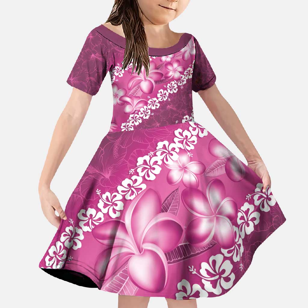 Vintage Pink Polynesia Family Matching Tank Maxi Dress and Hawaiian Shirt Plumeria With Hibiscus Tropical Vibes LT14 Daughter's Dress Pink - Polynesian Pride