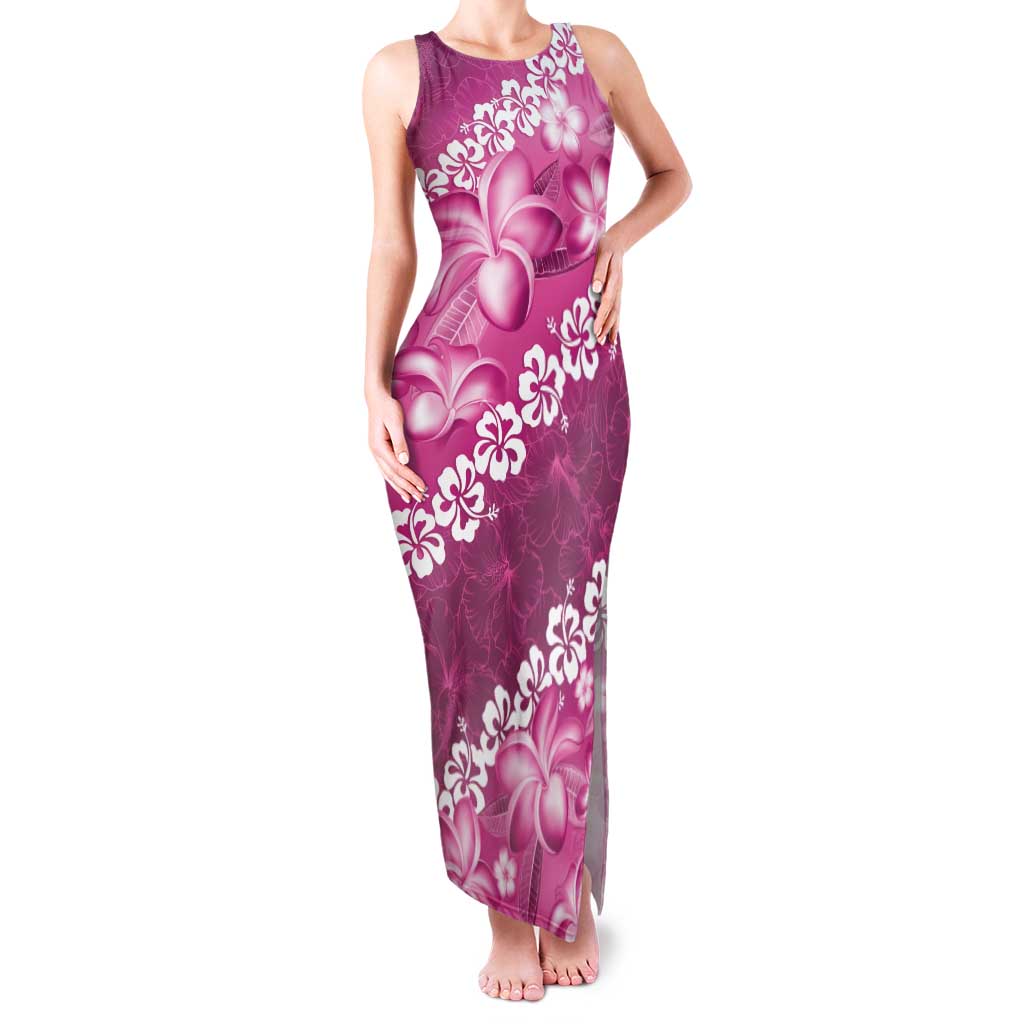 Vintage Pink Polynesia Family Matching Tank Maxi Dress and Hawaiian Shirt Plumeria With Hibiscus Tropical Vibes LT14 Mom's Dress Pink - Polynesian Pride