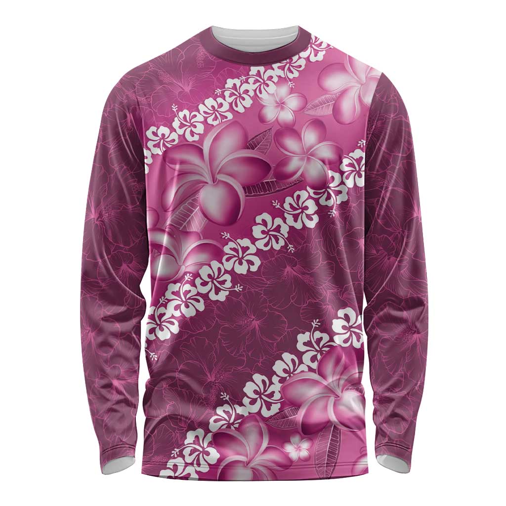 Vintage Pink Polynesia Long Sleeve Shirt Plumeria With Hibiscus Tropical Vibes LT14 Unisex Pink - Polynesian Pride
