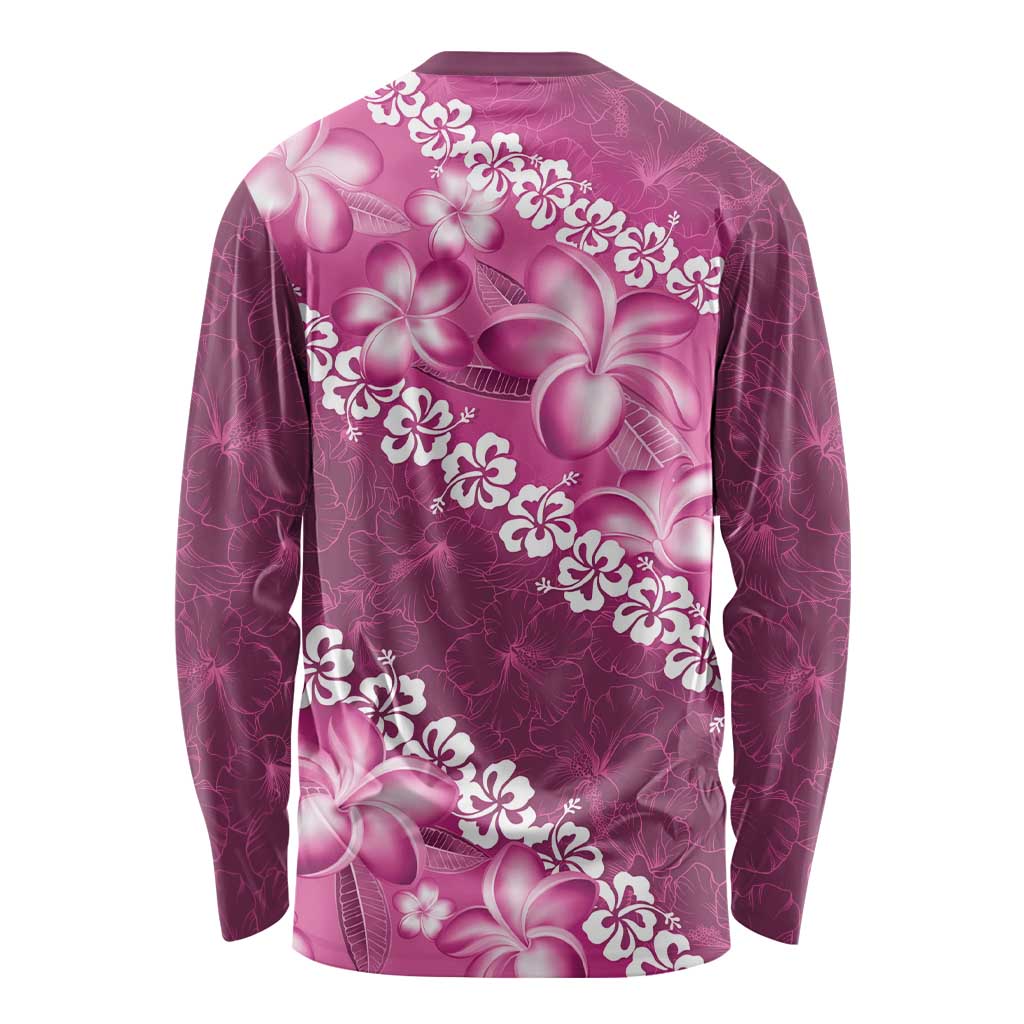 Vintage Pink Polynesia Long Sleeve Shirt Plumeria With Hibiscus Tropical Vibes LT14 - Polynesian Pride