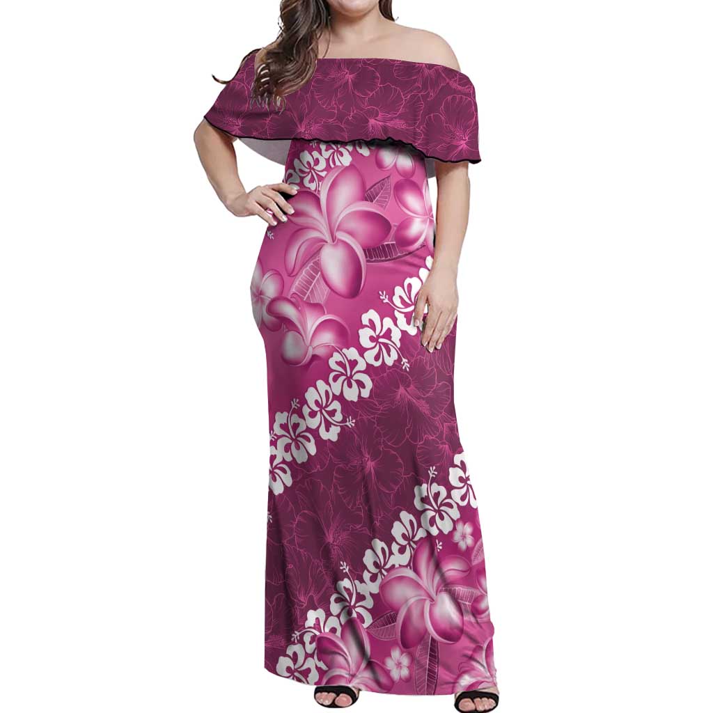 Vintage Pink Polynesia Off Shoulder Maxi Dress Plumeria With Hibiscus Tropical Vibes