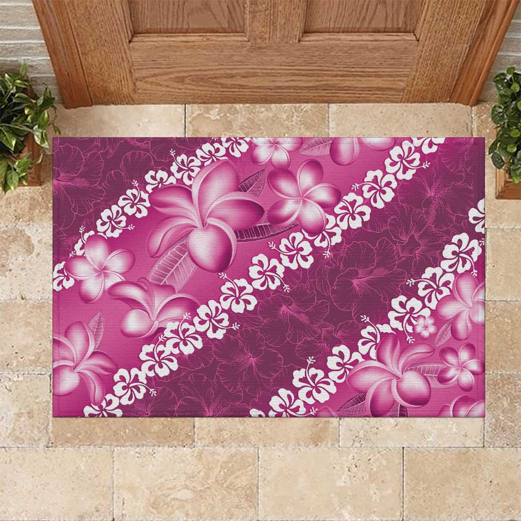 Vintage Pink Polynesia Rubber Doormat Plumeria With Hibiscus Tropical Vibes