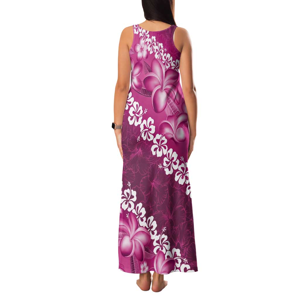 Vintage Pink Polynesia Tank Maxi Dress Plumeria With Hibiscus Tropical Vibes