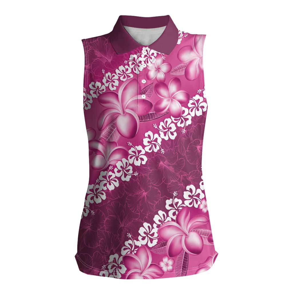 Vintage Pink Polynesia Women Sleeveless Polo Shirt Plumeria With Hibiscus Tropical Vibes