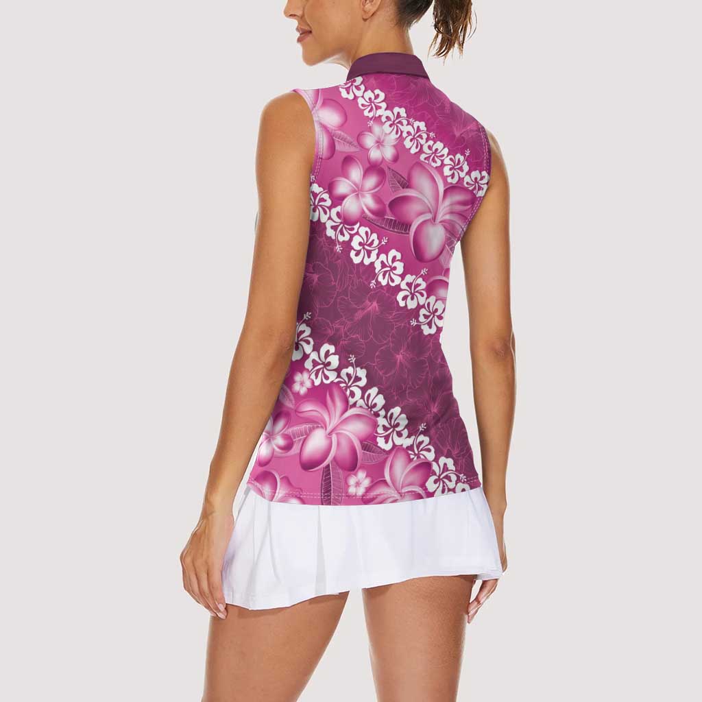 Vintage Pink Polynesia Women Sleeveless Polo Shirt Plumeria With Hibiscus Tropical Vibes
