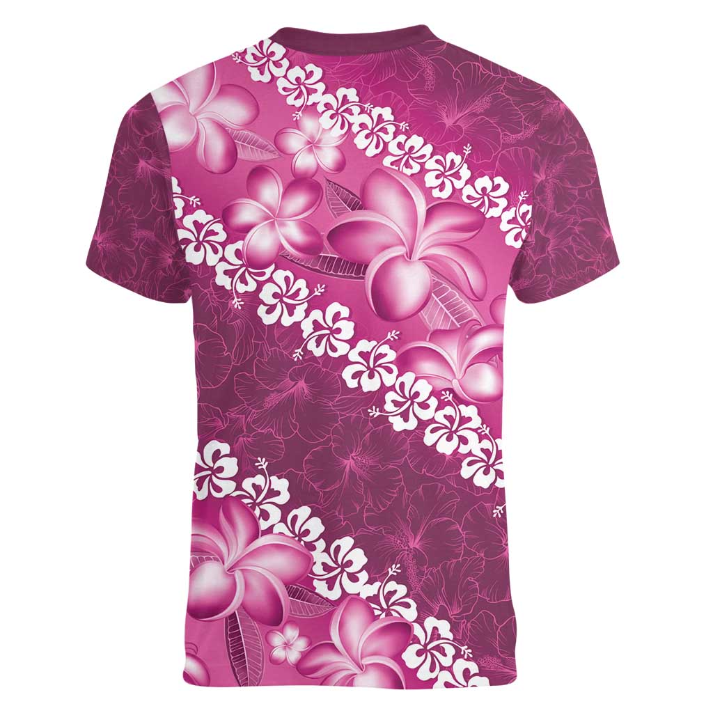 Vintage Pink Polynesia Women V-Neck T-Shirt Plumeria With Hibiscus Tropical Vibes