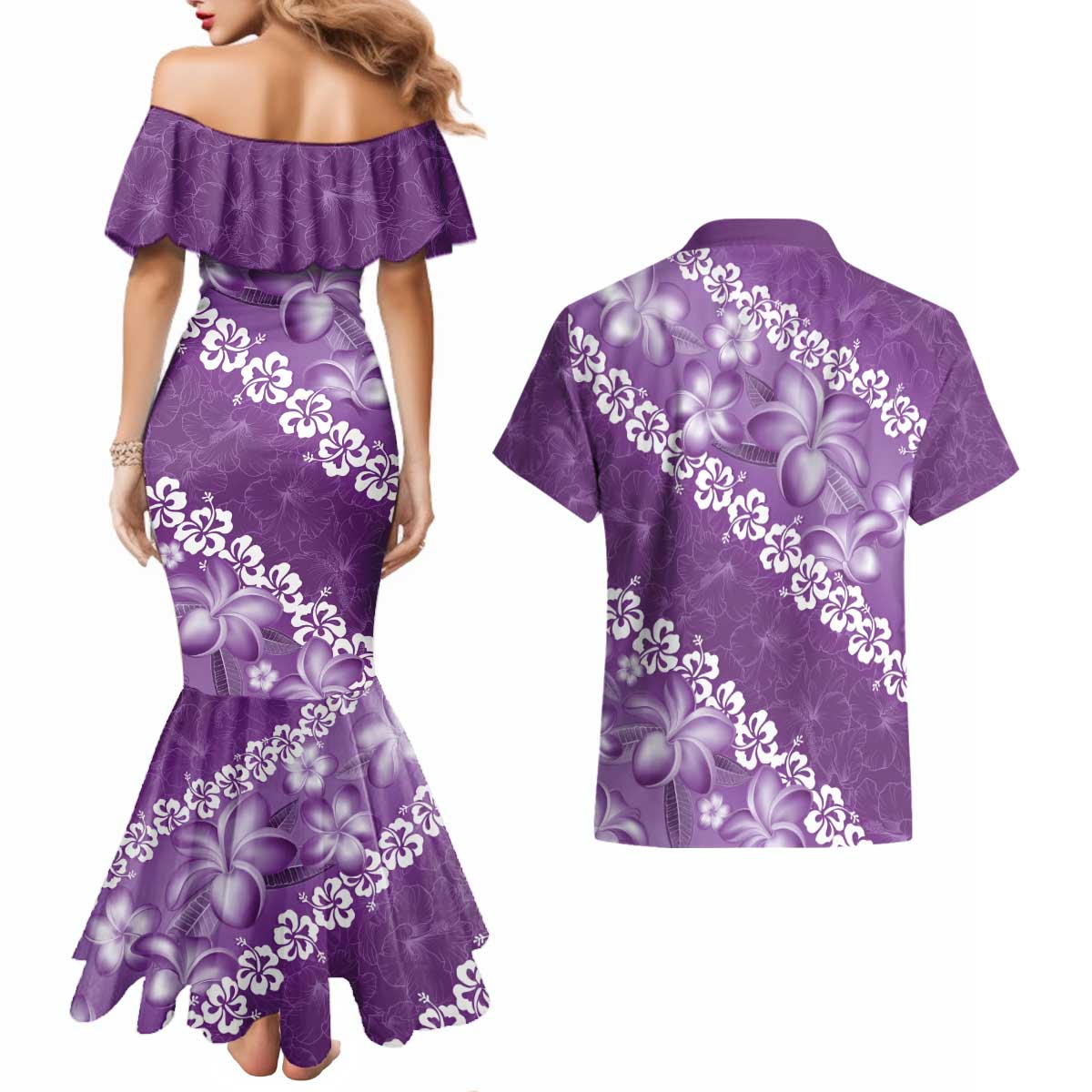 Vintage Purple Polynesia Couples Matching Mermaid Dress and Hawaiian Shirt Plumeria With Hibiscus Tropical Vibes LT14 - Polynesian Pride