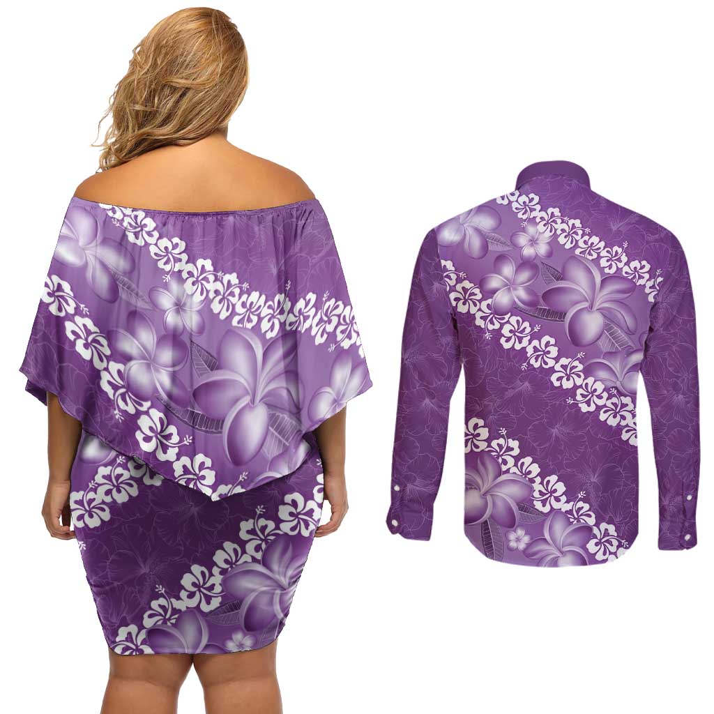 Vintage Purple Polynesia Couples Matching Off Shoulder Short Dress and Long Sleeve Button Shirt Plumeria With Hibiscus Tropical Vibes