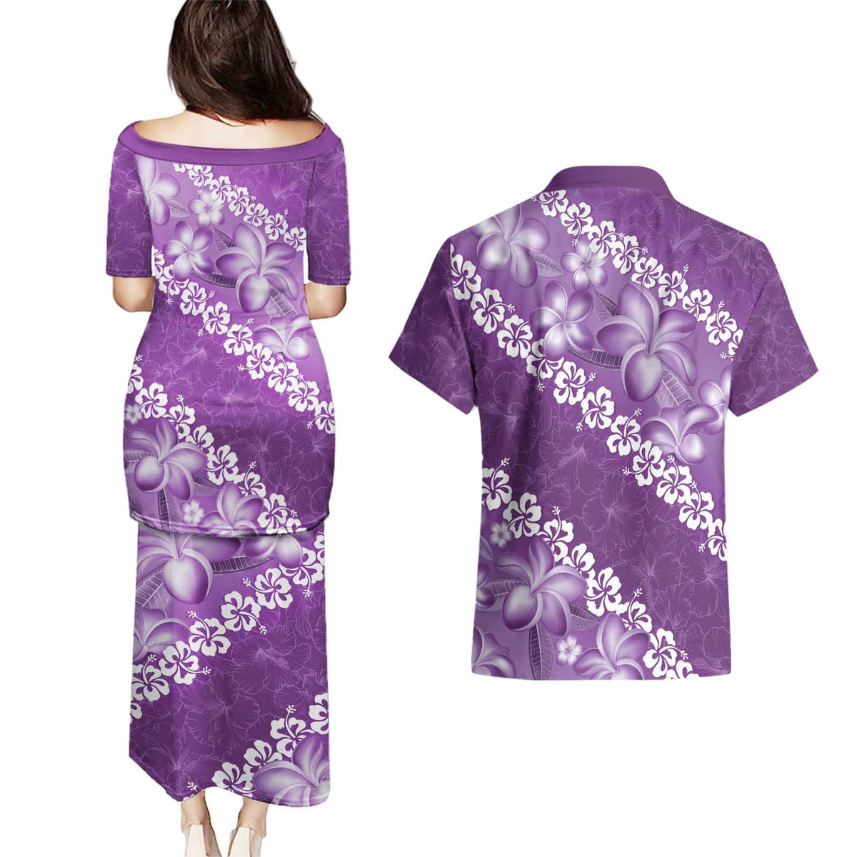 Vintage Purple Polynesia Couples Matching Puletasi and Hawaiian Shirt Plumeria With Hibiscus Tropical Vibes