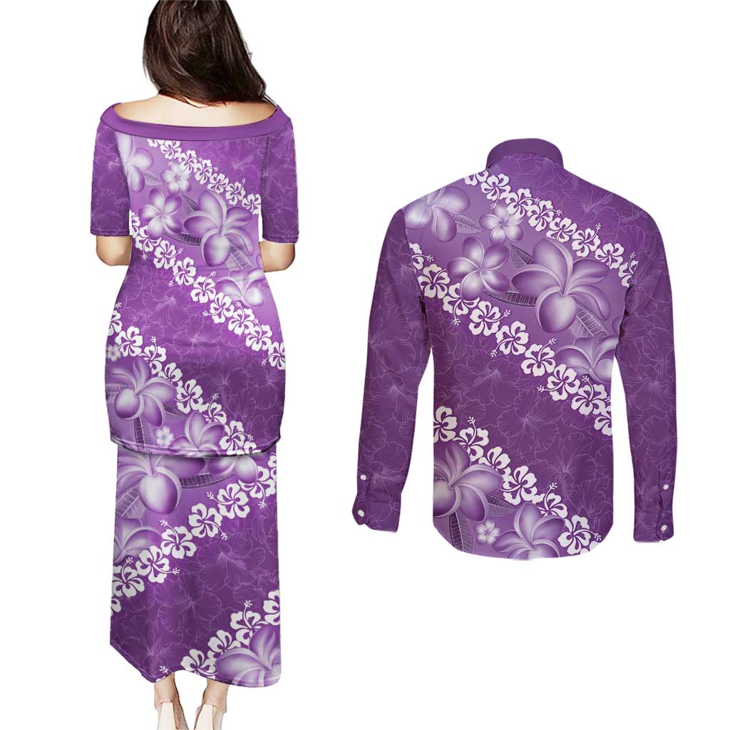 Vintage Purple Polynesia Couples Matching Puletasi and Long Sleeve Button Shirt Plumeria With Hibiscus Tropical Vibes