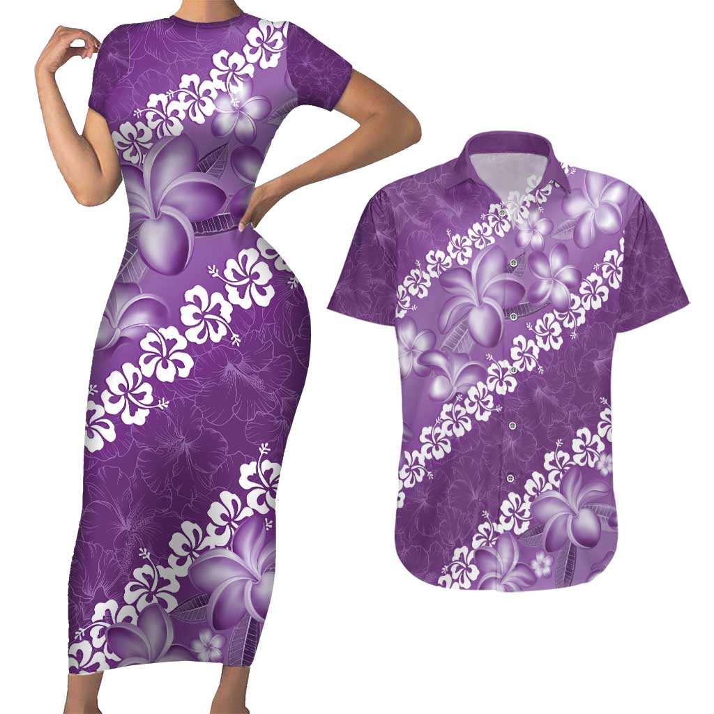 Vintage Purple Polynesia Couples Matching Short Sleeve Bodycon Dress and Hawaiian Shirt Plumeria With Hibiscus Tropical Vibes LT14 Purple - Polynesian Pride
