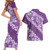 Vintage Purple Polynesia Couples Matching Short Sleeve Bodycon Dress and Hawaiian Shirt Plumeria With Hibiscus Tropical Vibes LT14 - Polynesian Pride