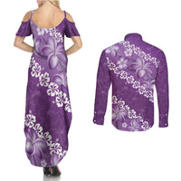Vintage Purple Polynesia Couples Matching Summer Maxi Dress and Long Sleeve Button Shirt Plumeria With Hibiscus Tropical Vibes