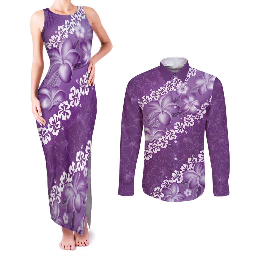 Vintage Purple Polynesia Couples Matching Tank Maxi Dress and Long Sleeve Button Shirt Plumeria With Hibiscus Tropical Vibes LT14 Purple - Polynesian Pride