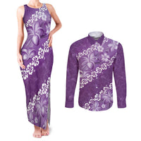 Vintage Purple Polynesia Couples Matching Tank Maxi Dress and Long Sleeve Button Shirt Plumeria With Hibiscus Tropical Vibes LT14 Purple - Polynesian Pride