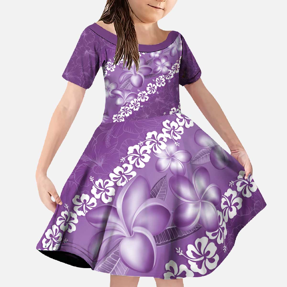 Vintage Purple Polynesia Family Matching Off The Shoulder Long Sleeve Dress and Hawaiian Shirt Plumeria With Hibiscus Tropical Vibes LT14 Daughter's Dress Purple - Polynesian Pride
