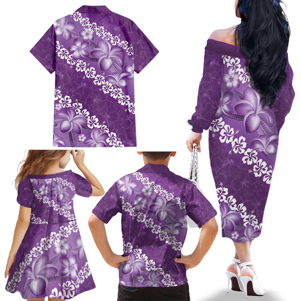 Vintage Purple Polynesia Family Matching Off The Shoulder Long Sleeve Dress and Hawaiian Shirt Plumeria With Hibiscus Tropical Vibes LT14 - Polynesian Pride