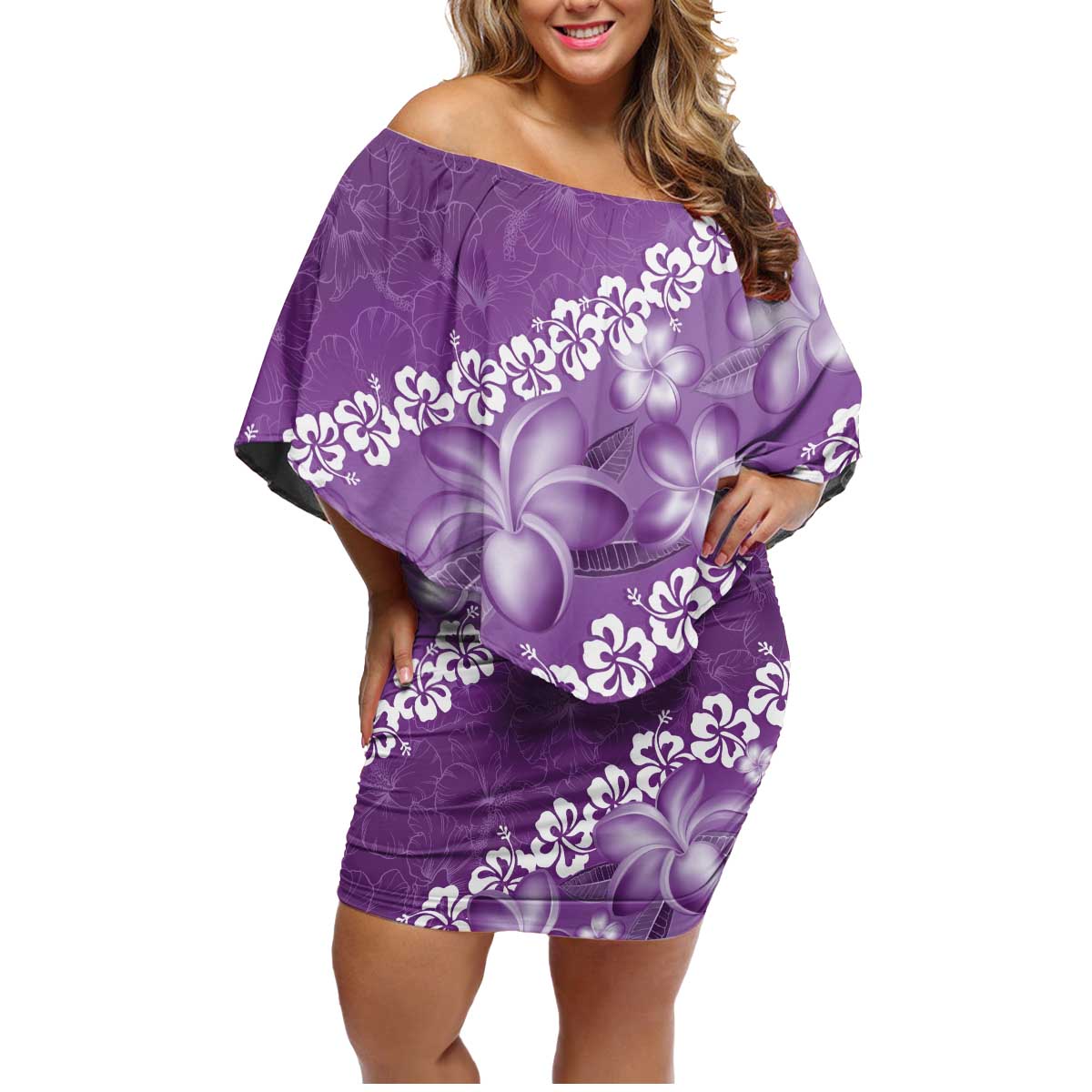 Vintage Purple Polynesia Family Matching Off Shoulder Short Dress and Hawaiian Shirt Plumeria With Hibiscus Tropical Vibes LT14 Mom's Dress Purple - Polynesian Pride