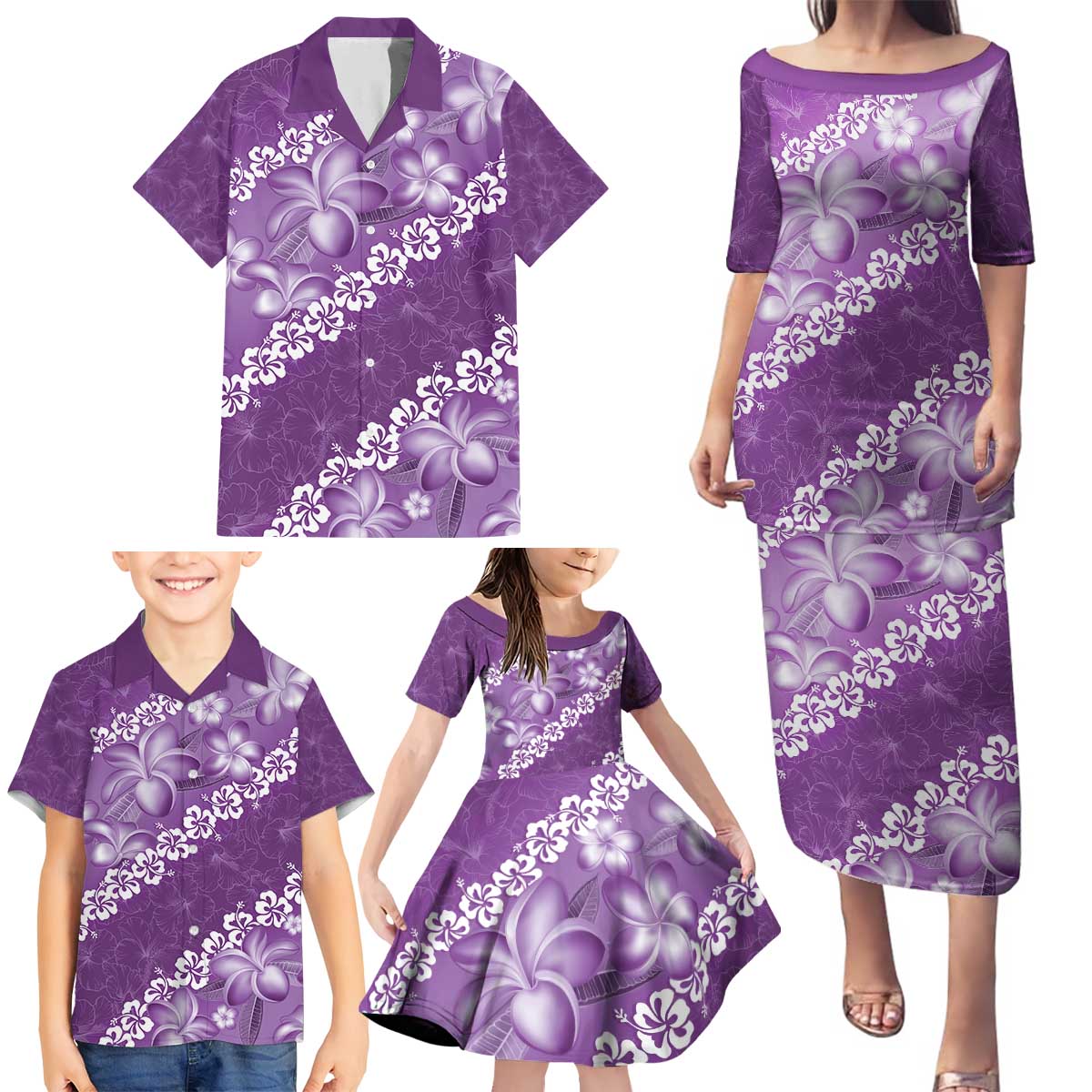 Vintage Purple Polynesia Family Matching Puletasi and Hawaiian Shirt Plumeria With Hibiscus Tropical Vibes LT14 - Polynesian Pride