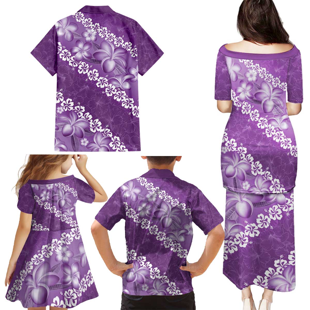 Vintage Purple Polynesia Family Matching Puletasi and Hawaiian Shirt Plumeria With Hibiscus Tropical Vibes LT14 - Polynesian Pride