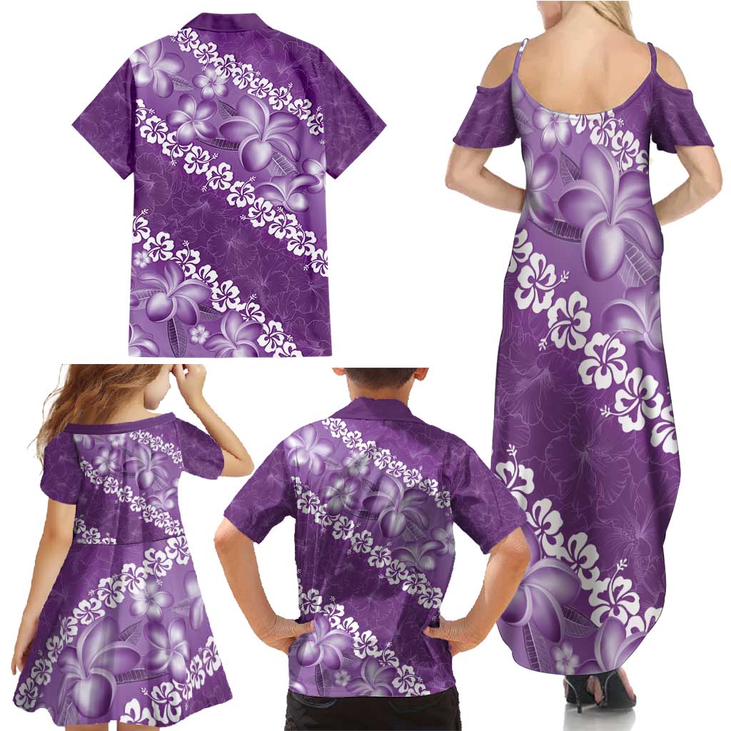 Vintage Purple Polynesia Family Matching Summer Maxi Dress and Hawaiian Shirt Plumeria With Hibiscus Tropical Vibes