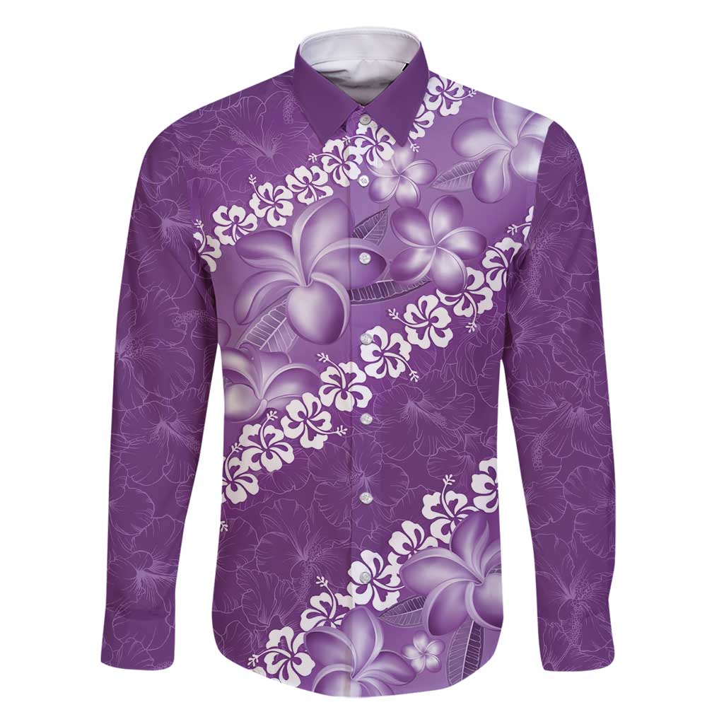 Vintage Purple Polynesia Family Matching Tank Maxi Dress and Hawaiian Shirt Plumeria With Hibiscus Tropical Vibes LT14 Dad's Shirt - Long Sleeve Purple - Polynesian Pride