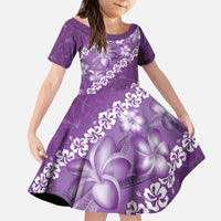 Vintage Purple Polynesia Kid Short Sleeve Dress Plumeria With Hibiscus Tropical Vibes