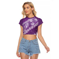 Vintage Purple Polynesia Raglan Cropped T Shirt Plumeria With Hibiscus Tropical Vibes