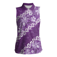 Vintage Purple Polynesia Women Sleeveless Polo Shirt Plumeria With Hibiscus Tropical Vibes