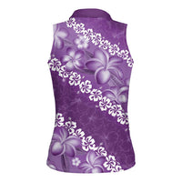 Vintage Purple Polynesia Women Sleeveless Polo Shirt Plumeria With Hibiscus Tropical Vibes