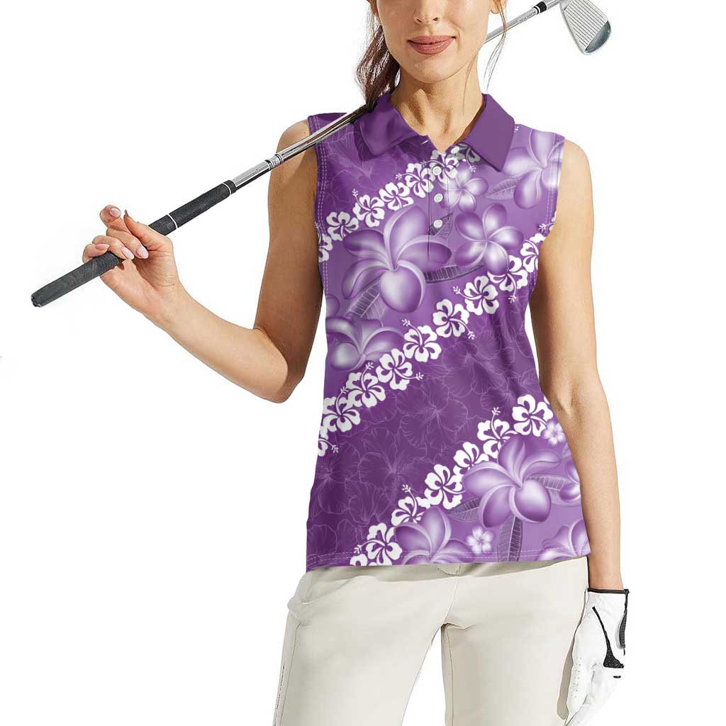 Vintage Purple Polynesia Women Sleeveless Polo Shirt Plumeria With Hibiscus Tropical Vibes