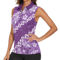 Vintage Purple Polynesia Women Sleeveless Polo Shirt Plumeria With Hibiscus Tropical Vibes