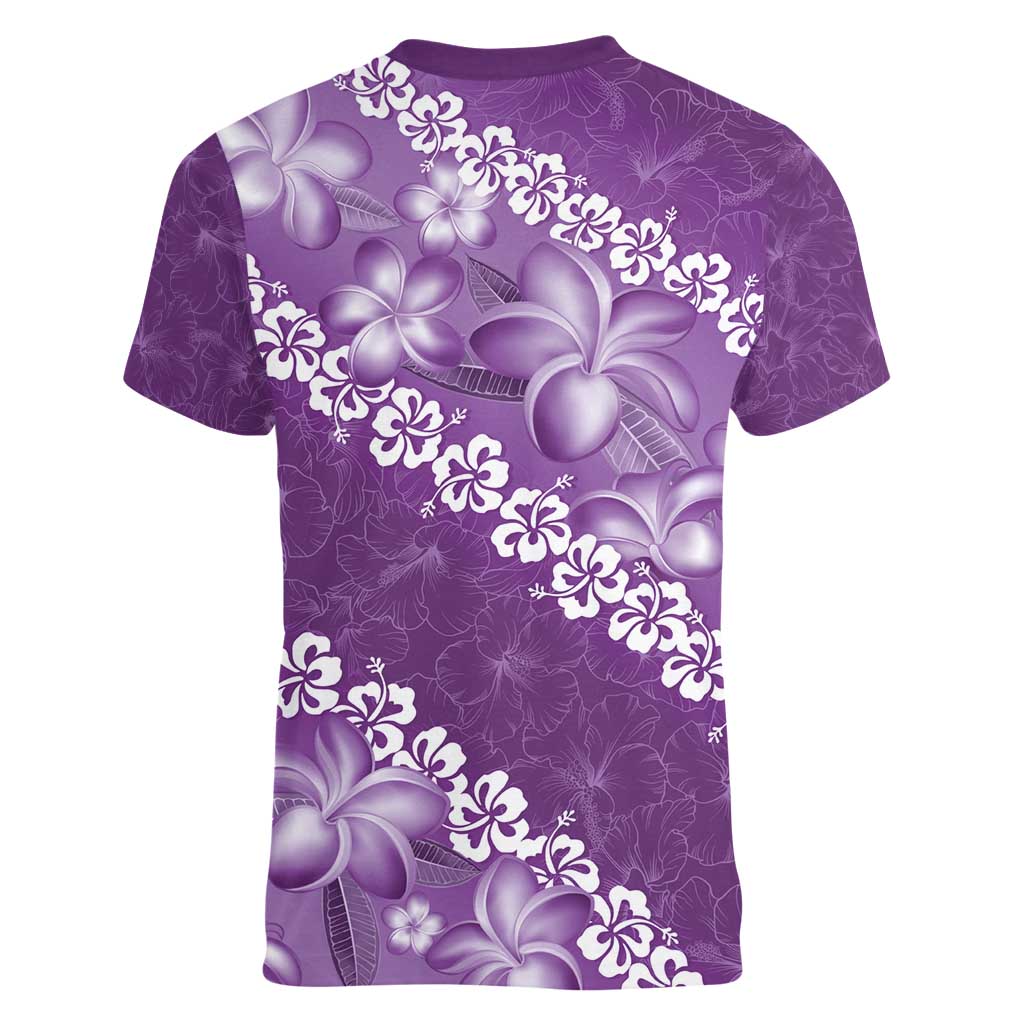 Vintage Purple Polynesia Women V-Neck T-Shirt Plumeria With Hibiscus Tropical Vibes
