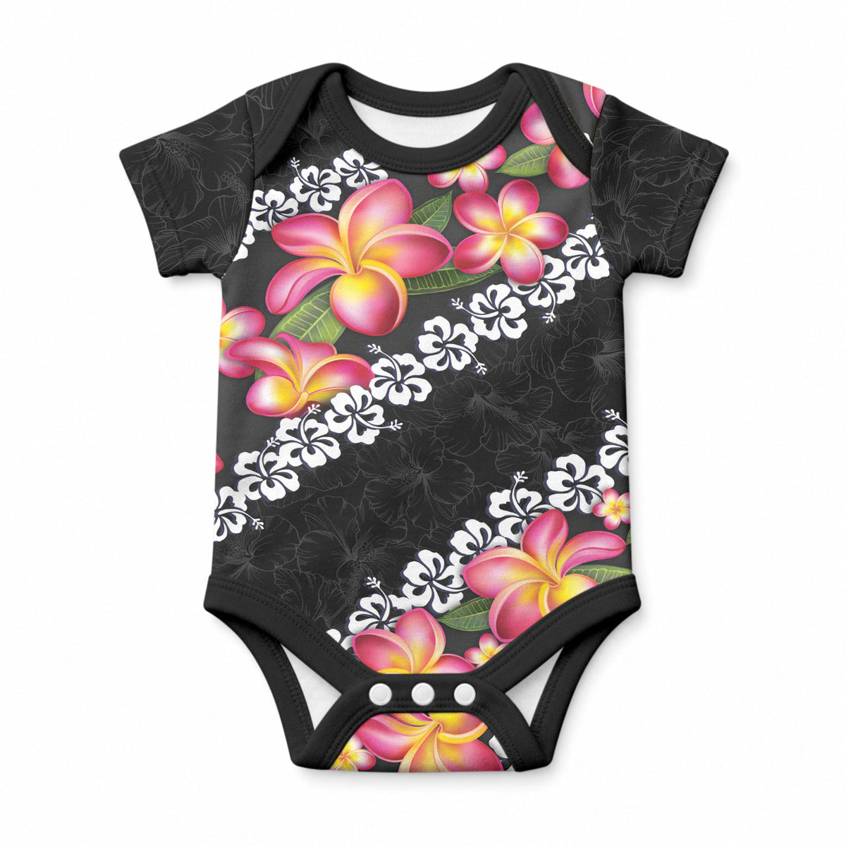 Black Polynesia Baby Onesie Plumeria With Hibiscus Pattern Tropical Vibes LT14 Black - Polynesian Pride