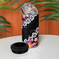 Black Polynesia 4 in 1 Can Cooler Tumbler Plumeria With Hibiscus Pattern Tropical Vibes