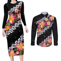 Black Polynesia Couples Matching Long Sleeve Bodycon Dress and Long Sleeve Button Shirt Plumeria With Hibiscus Pattern Tropical Vibes