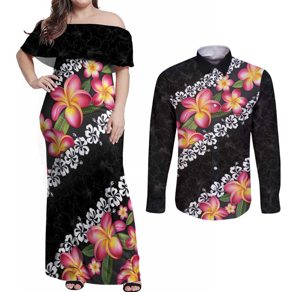 Black Polynesia Couples Matching Off Shoulder Maxi Dress and Long Sleeve Button Shirt Plumeria With Hibiscus Pattern Tropical Vibes